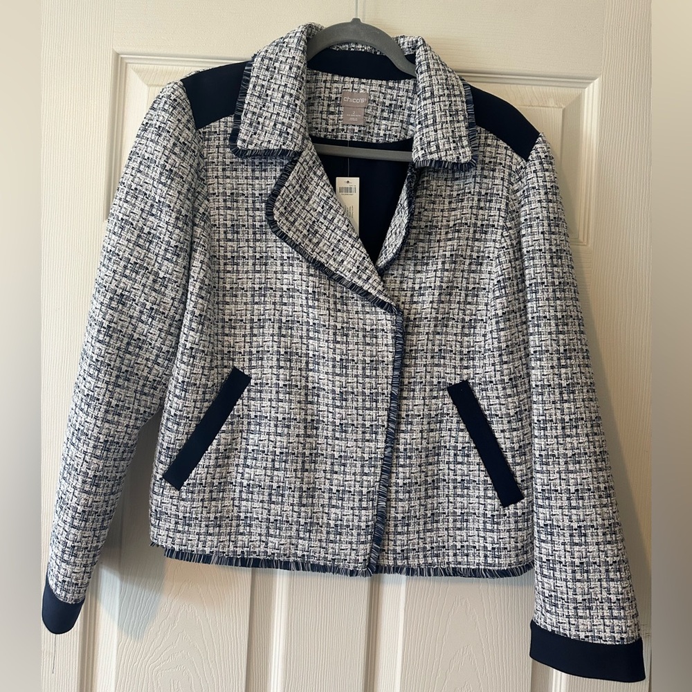 Chico's Navy and White Moto Tweed Jacket